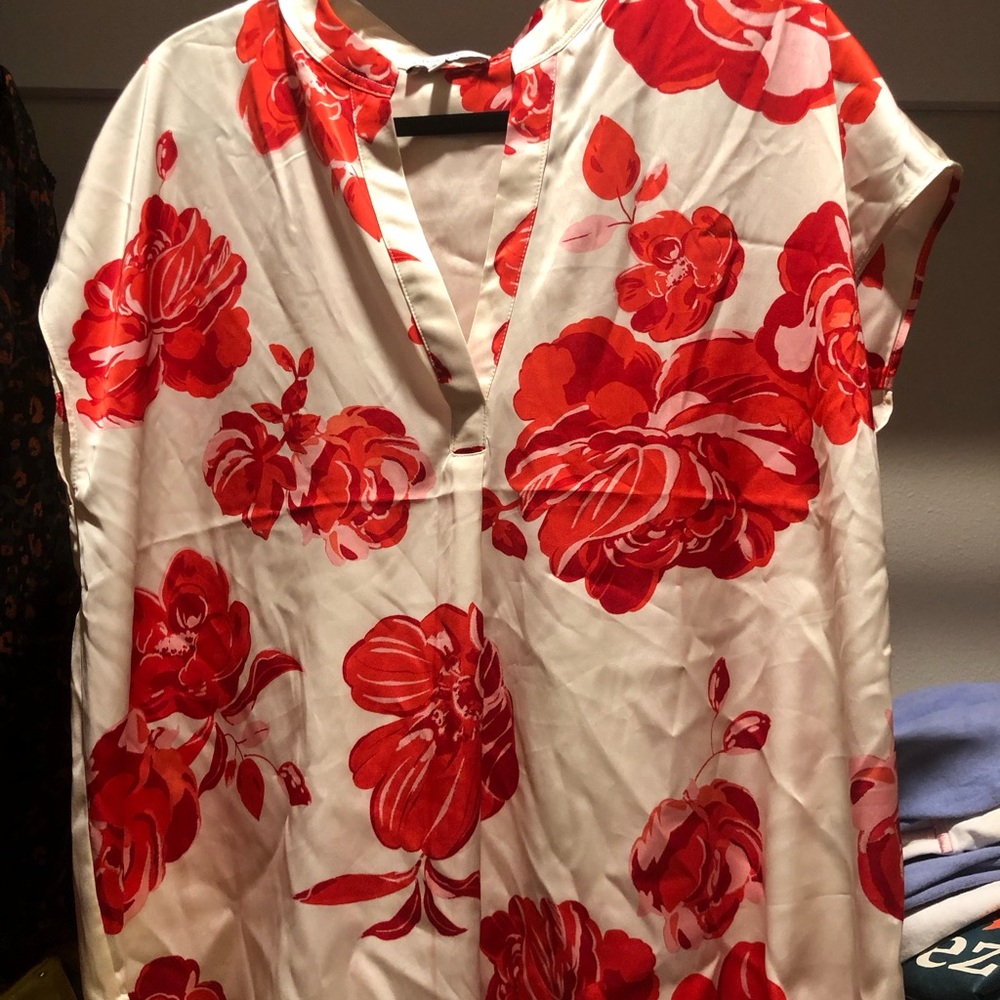 Floral V-Neck Tunic Top in Cream with Red Bloom Print